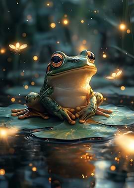 Frog on Lily Pad with Fireflies