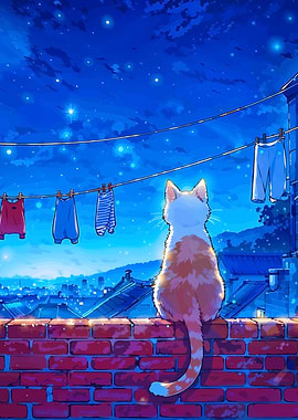 Cat on Brick Wall at Night