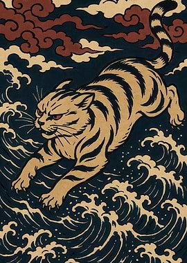 Cat leaping over waves, Asian art