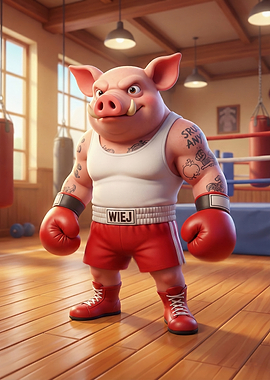 Cartoon Pig Boxer in Gym