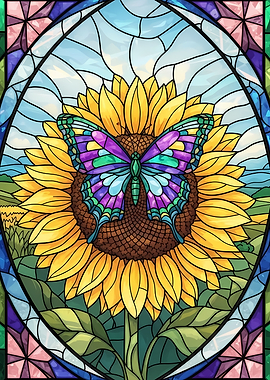 Stained Glass Butterfly on Sunflower