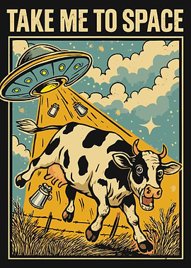 Take Me to Space Cow Poster, Funny UFO Alien Wall Art, Whimsical Sci Fi Illustration