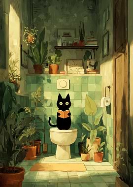 Cat Reading Book on Toilet