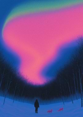 Winter Aurora with Figure and Foxes