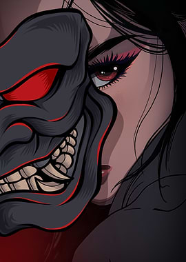 Woman with Oni Mask Digital Art