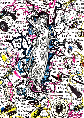 Abstract Statue with Text and Objects