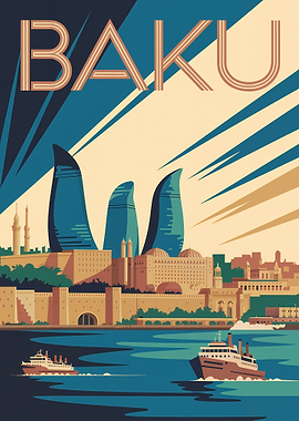 Baku Cityscape Travel Poster