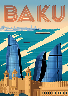 Baku Cityscape Travel Poster
