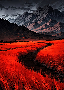 Red Field and Mountain Landscape