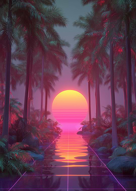 Synthwave Sunset Palm Tree Landscape