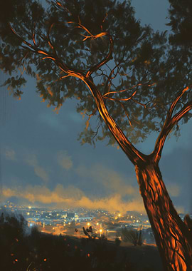 City Lights Through Tree Branches