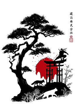 Ninja, Foxes, and Torii Gate Silhouette