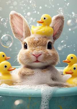 Bunny with Rubber Ducks in Bath