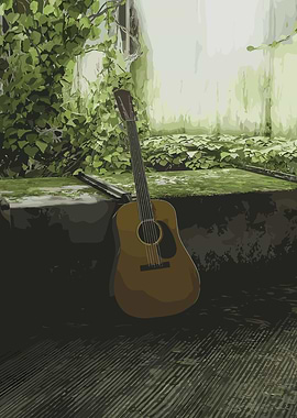 Guitar in Overgrown Abandoned Setting