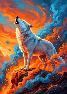 Howling Wolf on Fiery Landscape