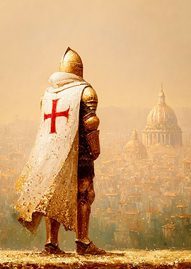 Crusader Knight Overlooking Cityscape