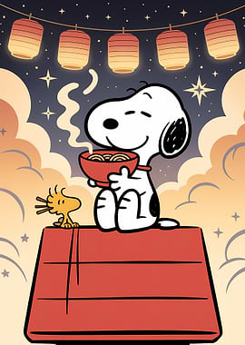 Snoopy and Woodstock Enjoying Ramen