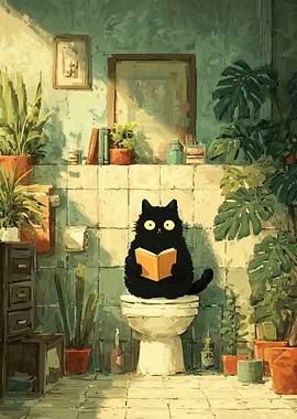 Cat Reading on Toilet Surrounded by Plants