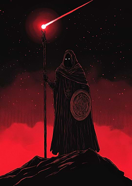 Hooded Figure with Staff and Shield