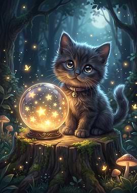 Cute Kitten with Starry Crystal Ball