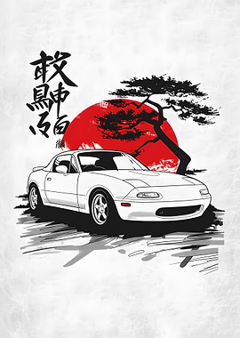 White Miata with Japanese Art Style