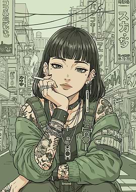 Tattooed Woman Smoking in Cityscape