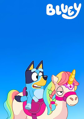 Bluey riding a unicorn cartoon image