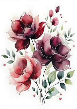 Watercolor Floral Bouquet with Hearts