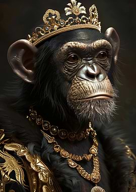 Regal Monkey Portrait with Crown and Jewelry