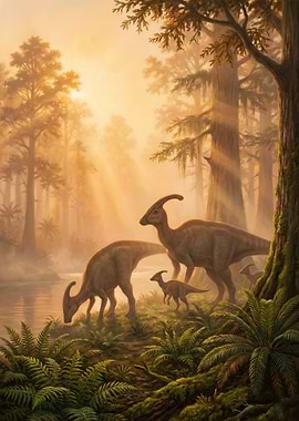 Parasaurolophus Family in Prehistoric Forest