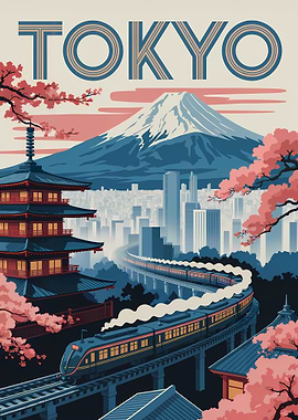 Tokyo Travel Poster with Train and Pagoda