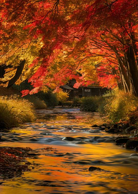 Autumn River Landscape with Red Leaves