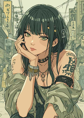 Anime Girl Smoking in Cityscape