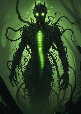 Eerie Green Monster in Dark Forest