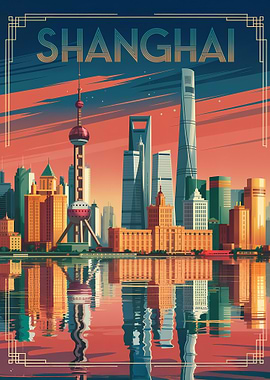 Shanghai Skyline Art Deco Poster