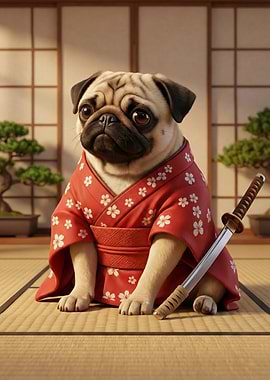 Pug Samurai in Kimono