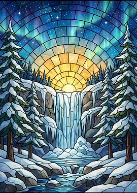 Winter Waterfall Stained Glass Landscape