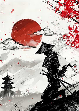 Samurai in Ink Wash Landscape