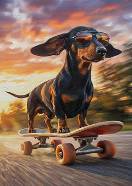 Dachshund on Skateboard with Sunglasses