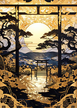 Japanese Landscape with Torii Gate
