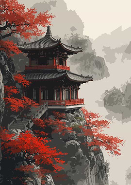 Pagoda Temple on Cliff with Red Foliage