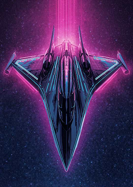 Neon Spaceship in Starry Sky