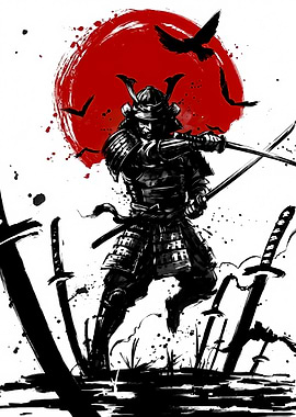 Samurai Warrior with Swords and Birds