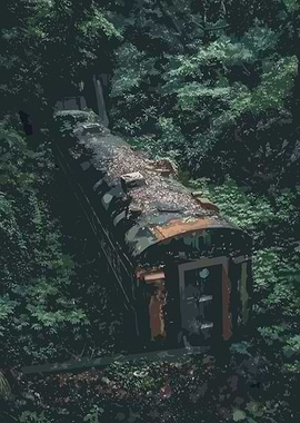 Abandoned Train in Overgrown Forest