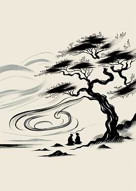 Ink Wash Painting: Tree and Figures