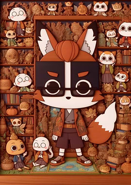 Cartoon Fox Character with Bookshelf Background