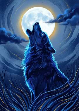 Blue Wolf Howling at the Moon