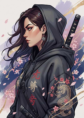 Hooded Samurai Girl with Dragon Design