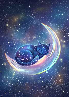 Celestial Cat on Crescent Moon