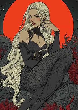 Elegant Mermaid with Red Moon
